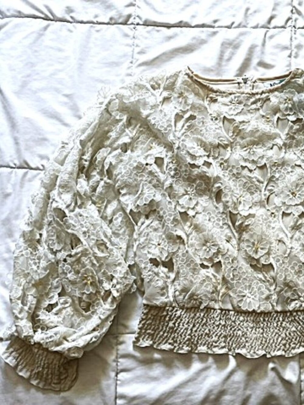 Vintage 3D cream lace blouse with flowy sleeves, dramatic, ruched waist, wrists